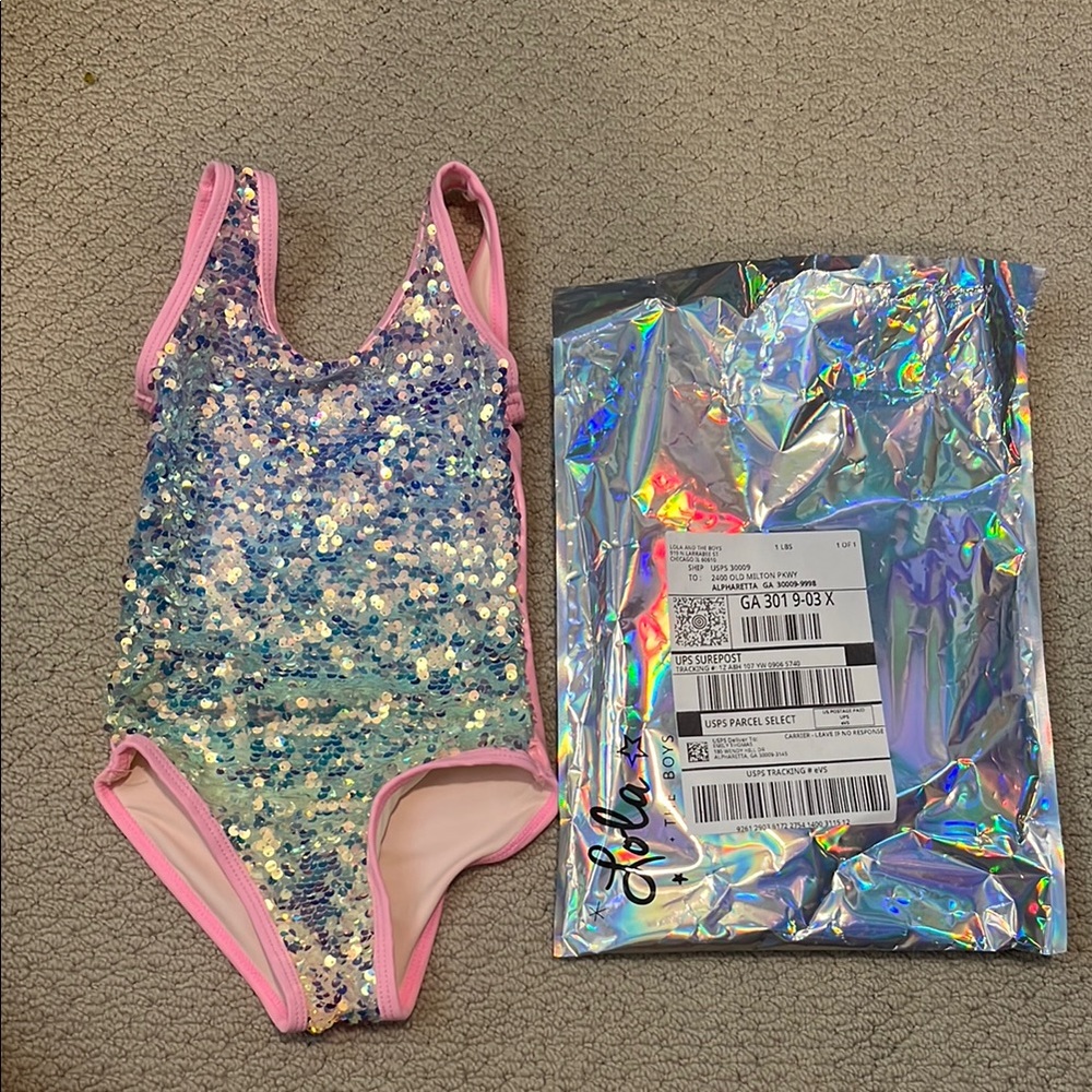 Lola + The Boys Blue and Pink Sequin One Piece Swimsuit